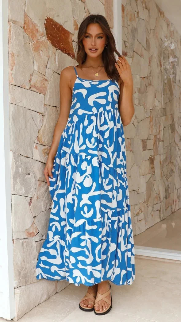 Fashion New Women Sexy Sweet Floral Print Sleeveless Off-shoulder Off-back Long Dress