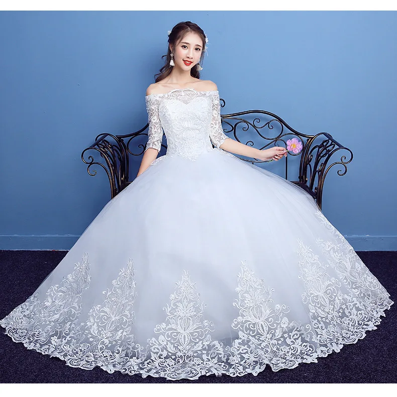 XMN  Wholesale Korea Style Luxury Lace Half Sleeve Off shoulder Bridal Wedding Dress/Gown with long train