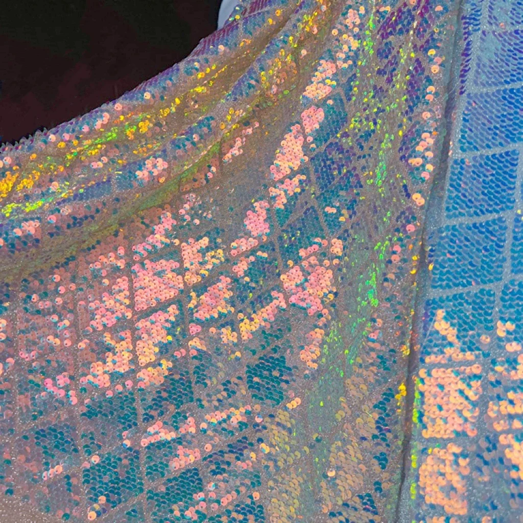 Magic Powder Blue Square Check sequin fabric Impervious Mermaid Glitter Fishtail Skirt Dress Glitter Shiny fabric