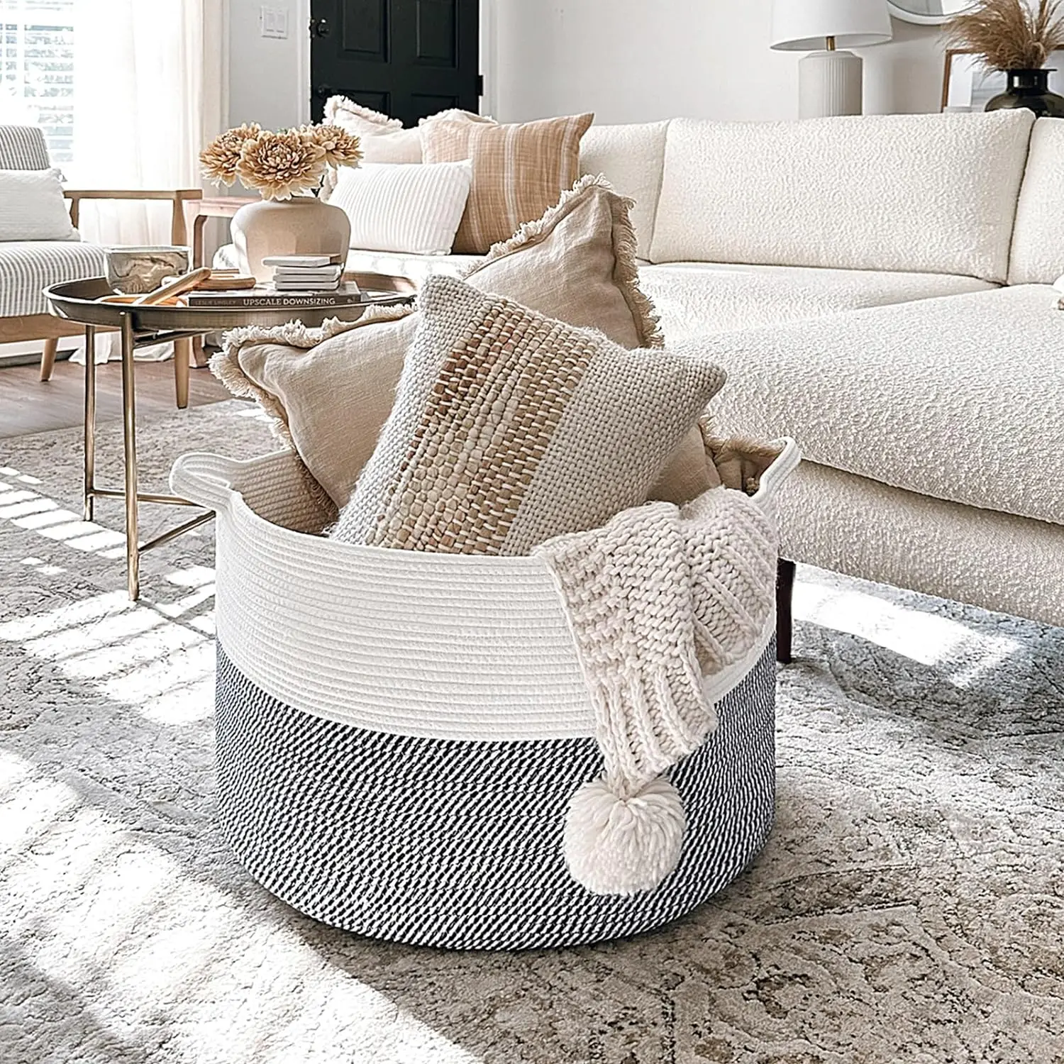 Woven Rope Basket with Handle, Cotton,Laundry Hamper, Basket Storage For Baby Laundry, Blanket, Toy, Comforter Cushions Navy