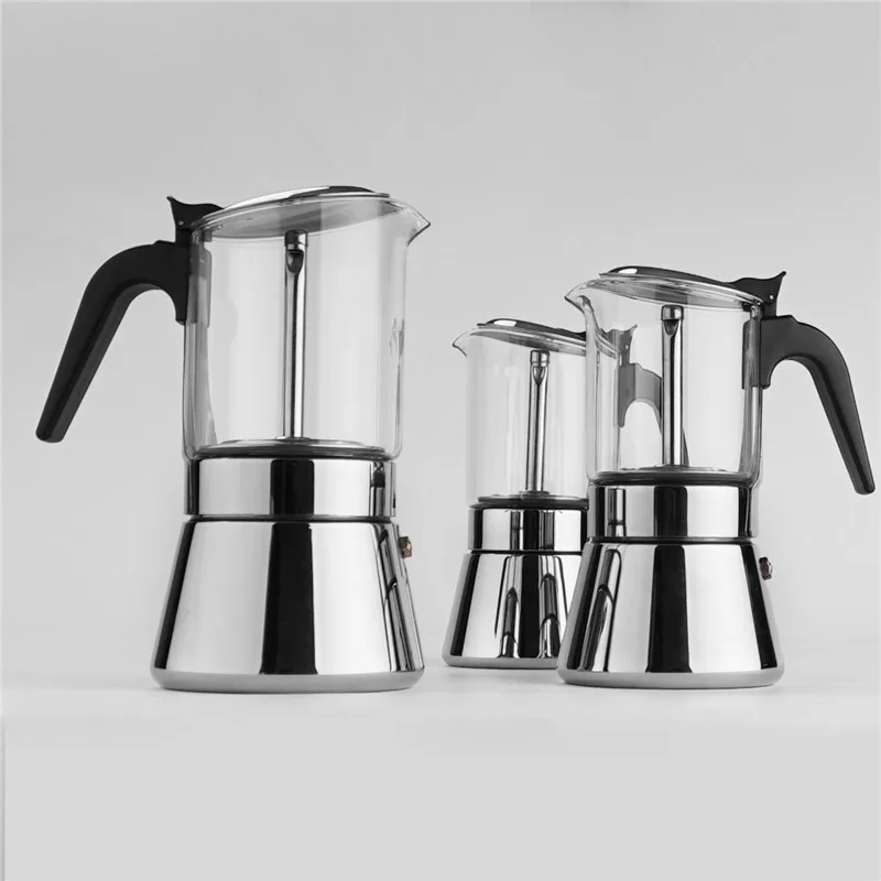 Silver 360ml Portable Household Glass Stainless Steel Food Grade Materials  Coffee Maker Moka Pot