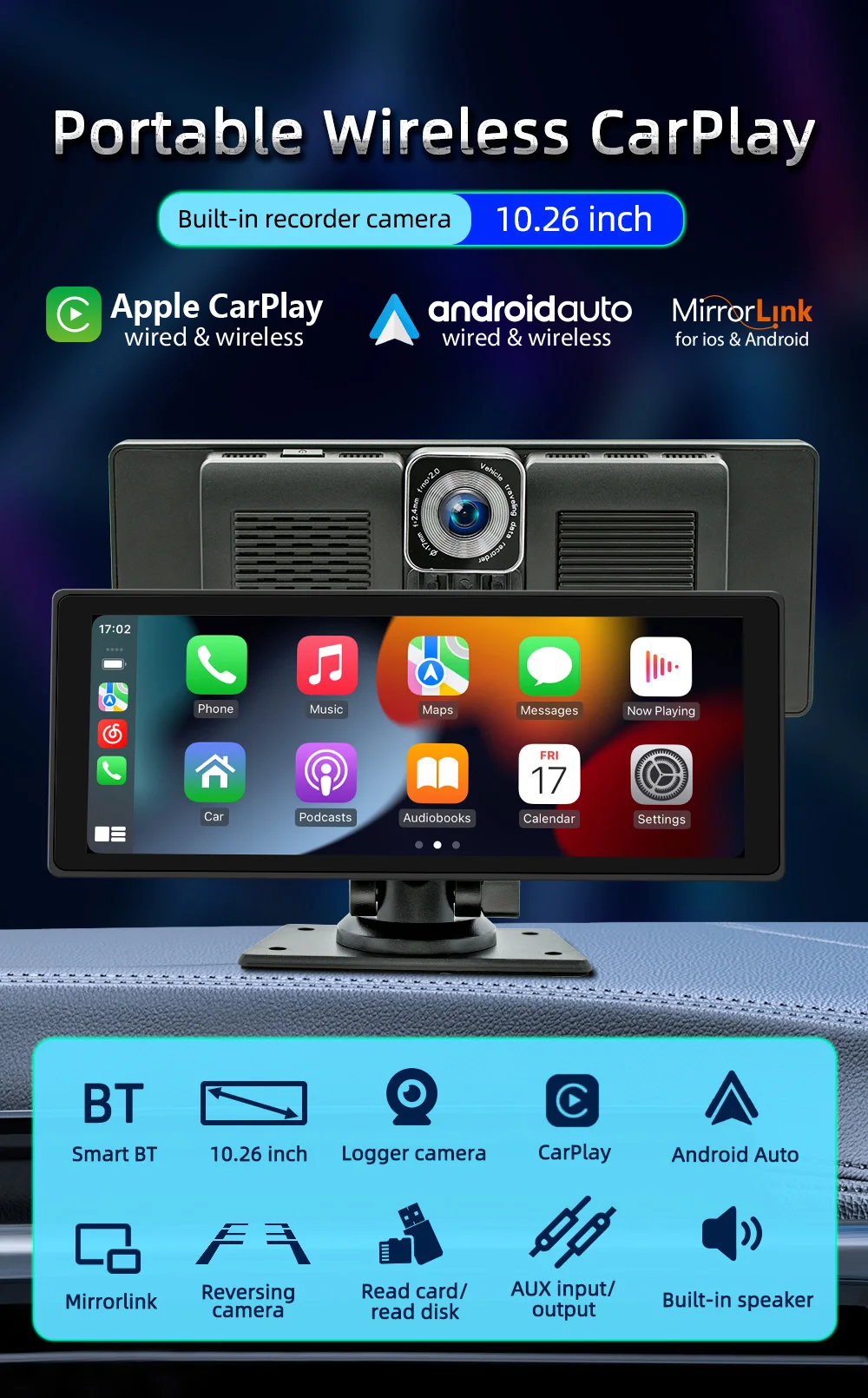 BQCC Portable Car Multimedia Player 10.26-inch IPS Screen Car DVR Wireless Carplay Android Auto Dash Cam GPS Navigation B5303R