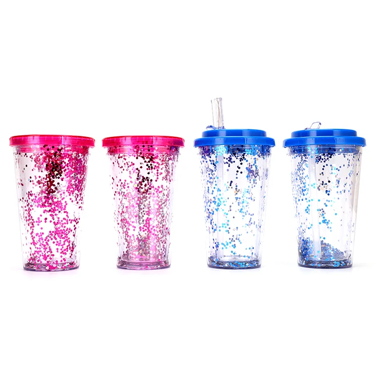 
500ML wholesale water plastic tumbler with spout straw with lid, clear glitter tumbler cup 