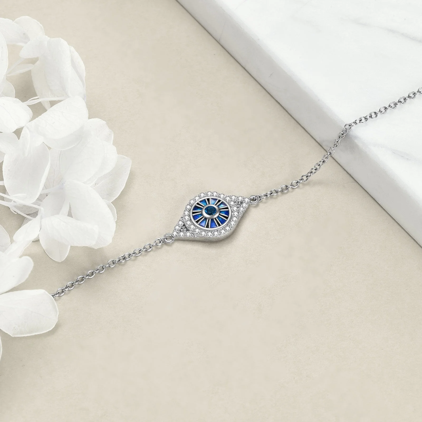 Wholesale OEM/ODM Jewelry 9+2inches 925 Sterling Silver Eye Foot Blue Cable Chain Talisman Anklets