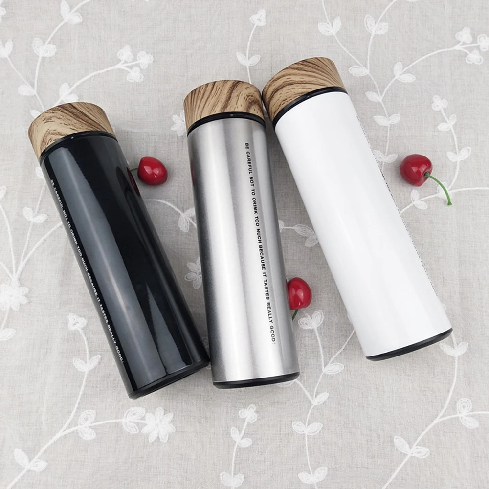 Stainless Steel  Water Bottle Double Wall  Insulated Vacuum Flask Thermal cup with Tea Infuser Wood Grain Lid Thermos bottle