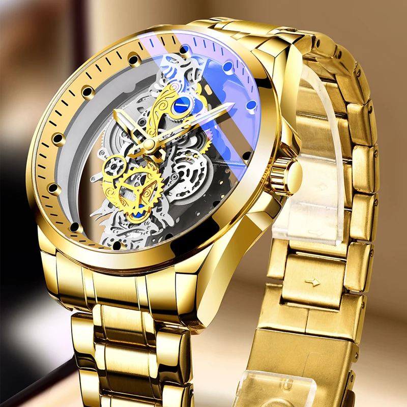 AliExpress Popular Men Watch Fashion Skeleton Quartz Wristwatch Waterproof Stainless Steel Watches Luxury Gold Men Clock