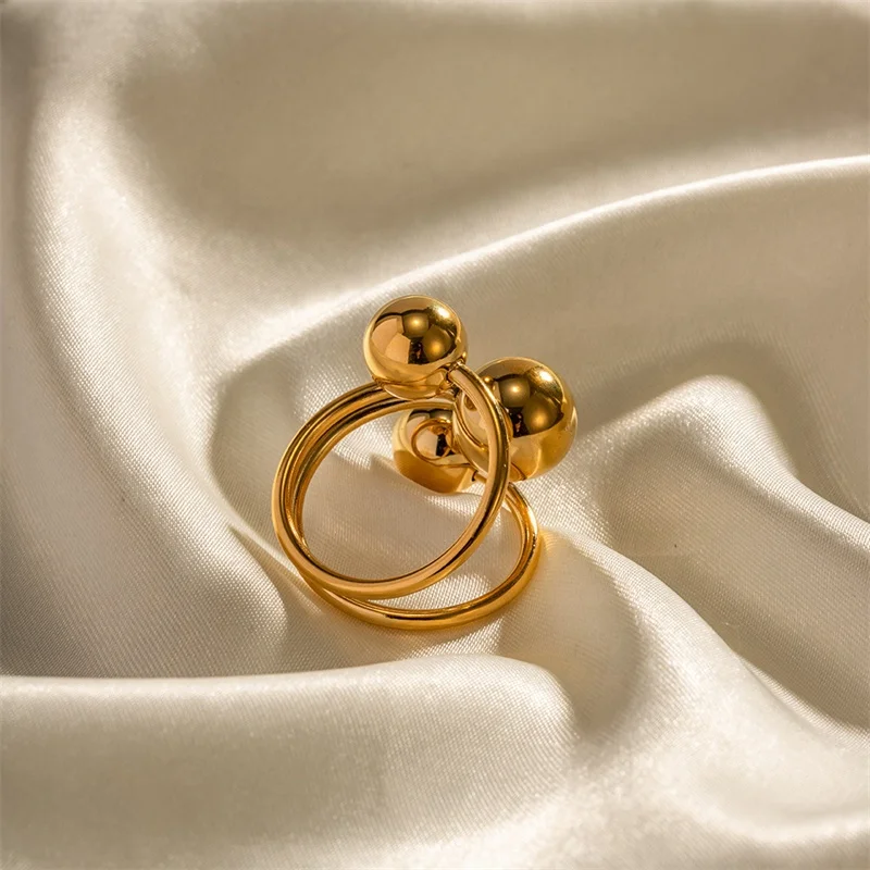2023 Fashion Jewelry 18K Gold Plated Open Ring Stainless Steel Adjustable Three Ball Geometric Ring