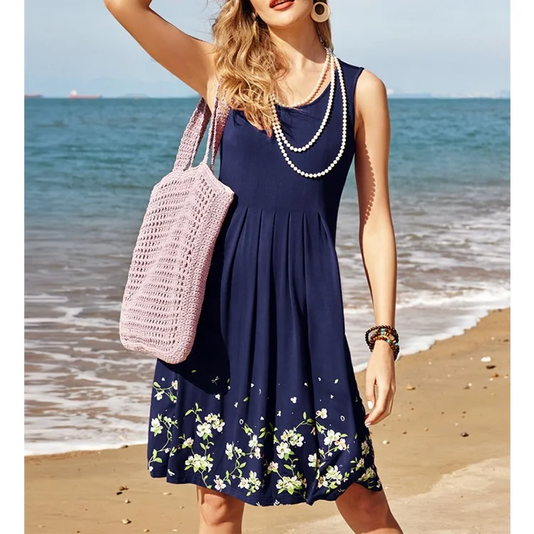 Womens Summer High Waisted Dresses Floral Print Casual Soft Pleated Sleeveless Crewneck Tank Sundress Midi For Boho Beach