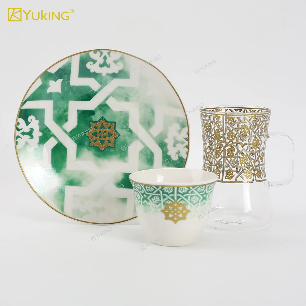 New Model 18pcs Arabic Turkish Espresso Waist Clear Glass Tea and Coffee Set Luxury Kawa Cup Tea Cups Set