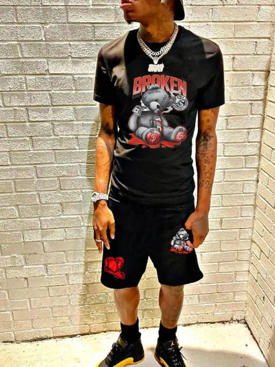 Vintage Mens Shorts Sets Cotton 2 Piece Set Acid Washed Men Summer Set T Shirts And Shorts