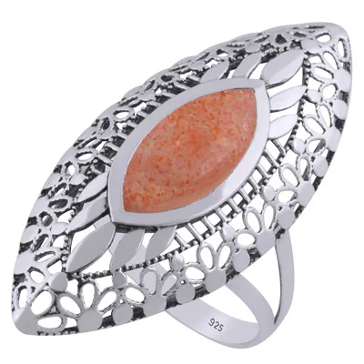 Stunning Jali Design Pattern Around Larimar Marquise Shape 925 Sterling Solid Silver Ring Eternity Vermeil Fine Rings