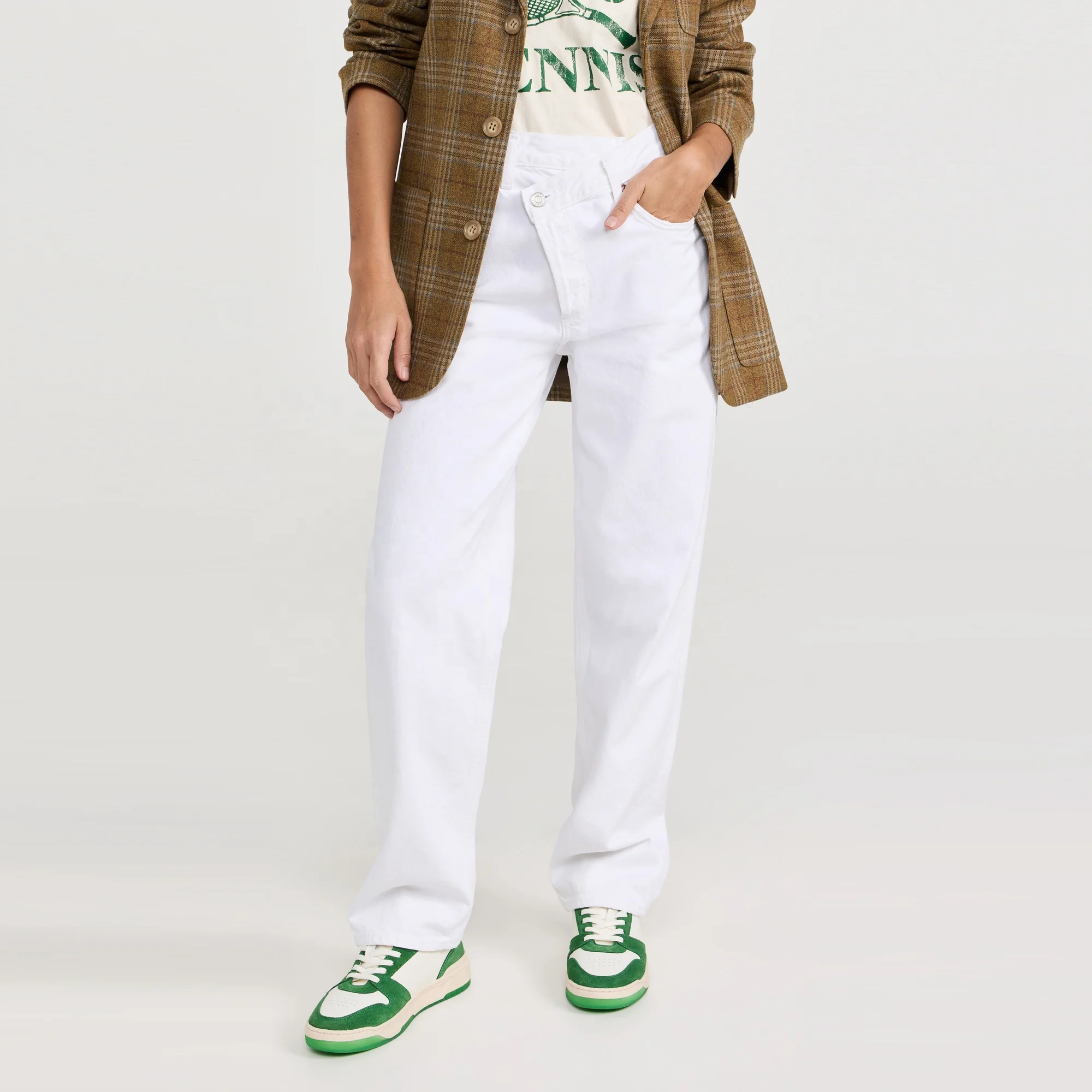 Pure white straight classic high waist cross women jeans