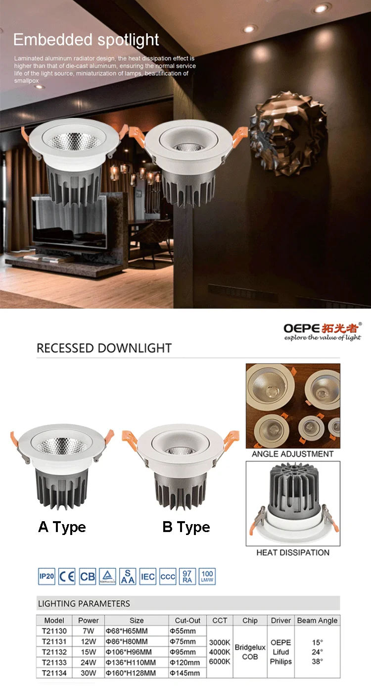 6W 12W 15W 25W 30W 12 level tunable white led downlight