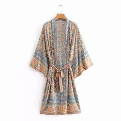 Loose Women Casual Spring Dress Lady Bohemian Style Floral print Long Sleeves Lace up Open Stitch Kimono