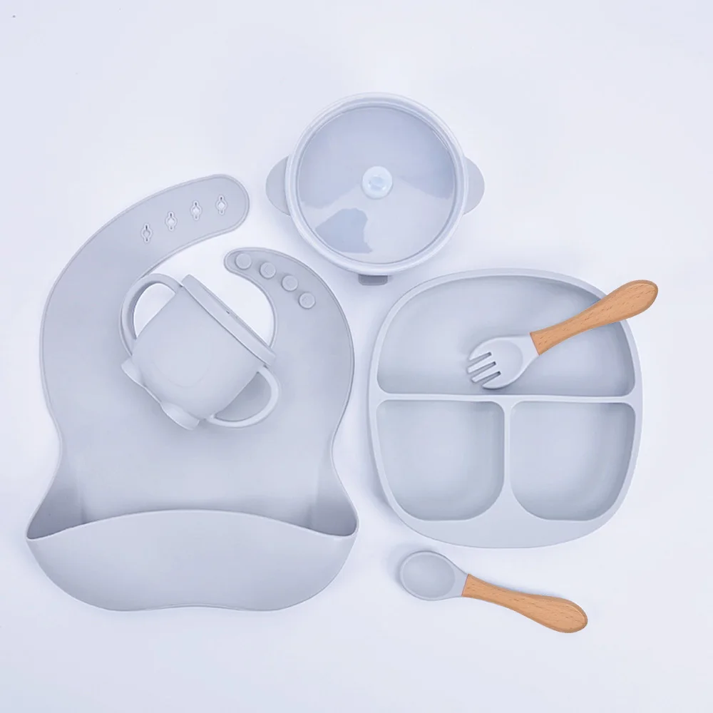 NEW Weaning Set Baby Tableware Bib Plate Suction Bowls Silicone Baby Feeding Set