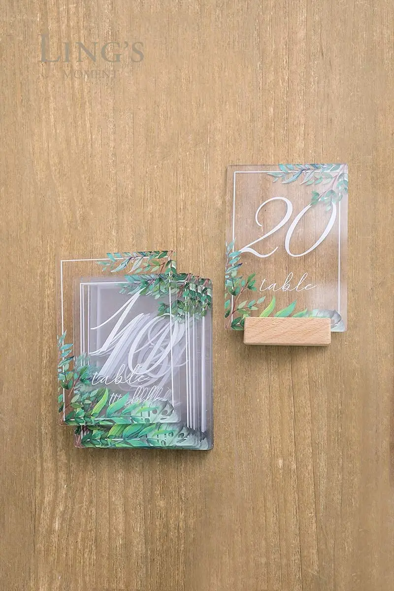 Acrylic Table Numbers For Wedding 1-20 With Natural Wood Stands Greenery Calligraphy