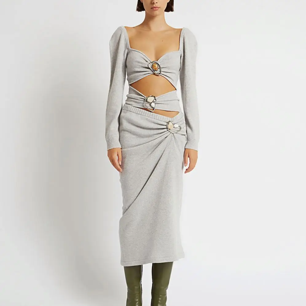 Hollow Out PANELLED Backless Bralette Knit 2 Piece Set Women Skirt And Top Girl Skirt Set Long Sleeve Midi Dress