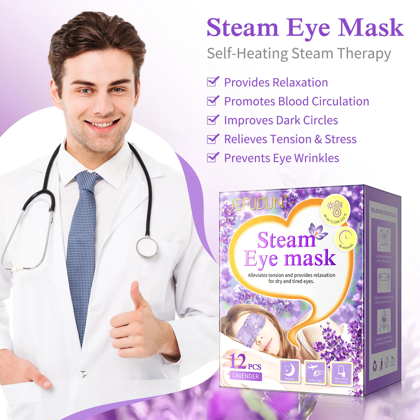 Hot Sale Self Heated Warm Eye Mask Lavender Sleep Steam Eye Masks for Dry Eyes Dark Circles and Puffiness