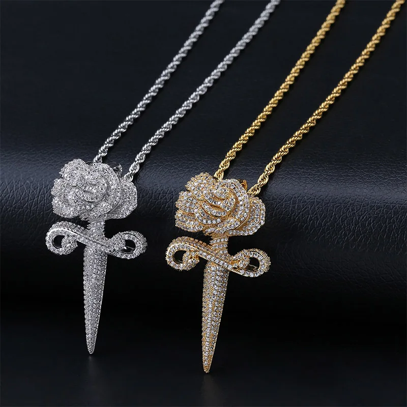 New Arrival Hip Hop Jewelry Iced Out Sword With Rose Pendant Mens 18K Gold Plated Rose Pendant