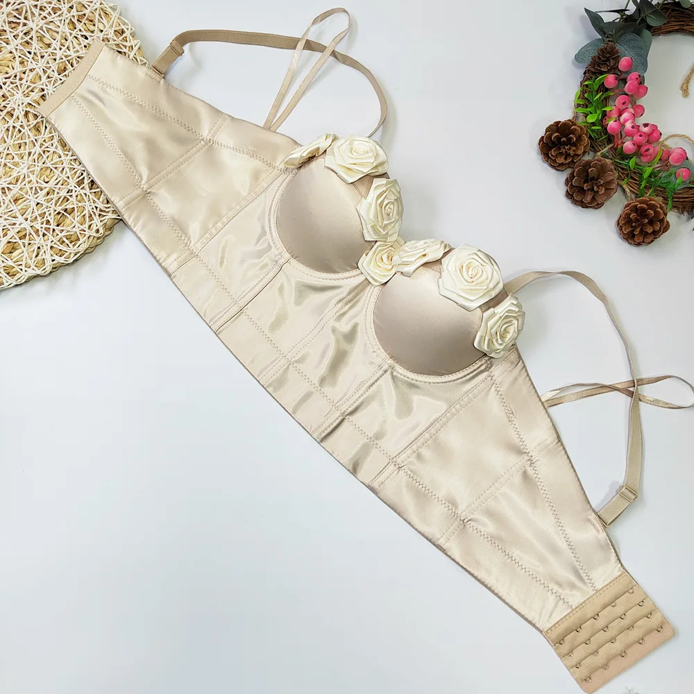 Manufactory Satin Silk 3D Straps Sexy Women Ladies Girls Boned Corselet Bustier Padded Crop Overbust Corset Flower Top Boning