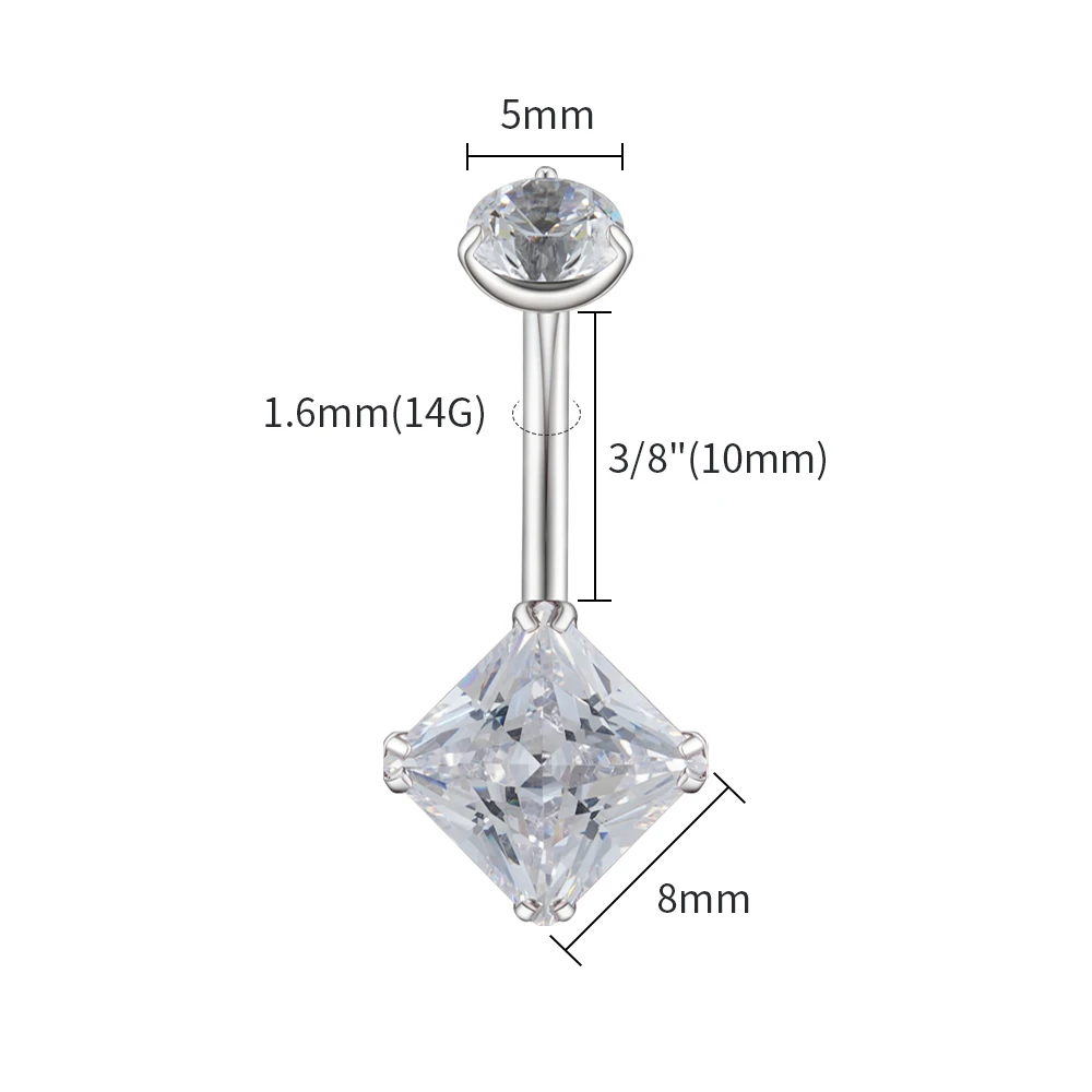 Right Grand ASTM F136 Titanium 14G Belly Button Ring Internally Threaded Navel Barbell Piercing with Square Cubic Zirconia