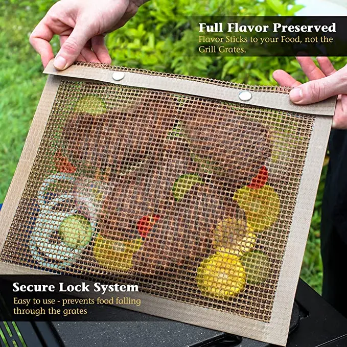 OEM Outdoor Non Stick Dishwasher Safe Ptfe Black Cooking Baked Barbecue Bag Pouches Reusable Mesh Bbq Grill Bag