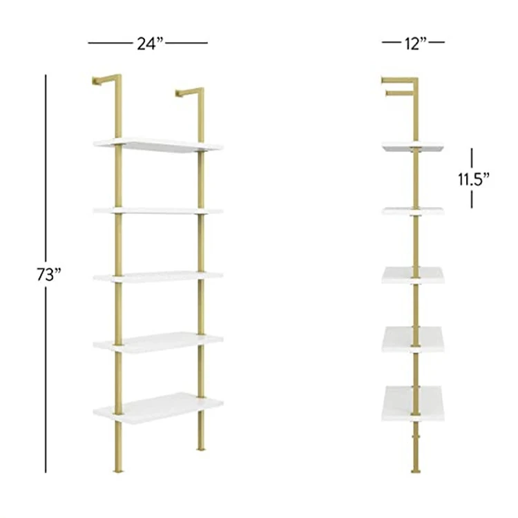 Storage Furniture 5-shelf Ladder Bookcase Living Room Organizer Metal Frame Bookshelf Wooden with Gold Iron Industrial Antique