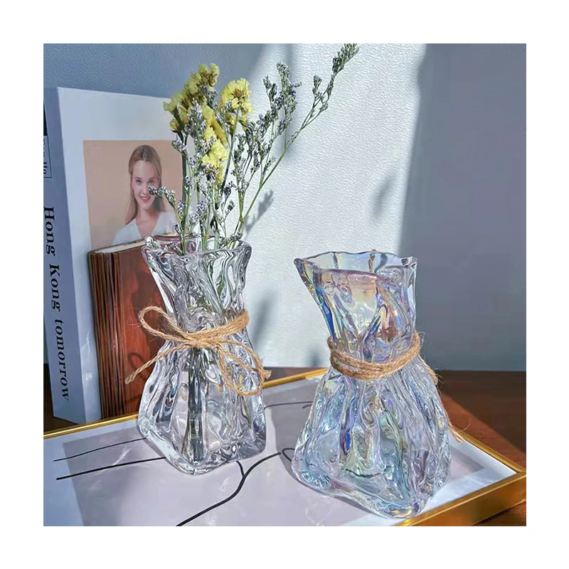 Flower Glass  Cheap Glass  Decoration Iridescent Black Red Modern Glass Vasewith Artificial Flower