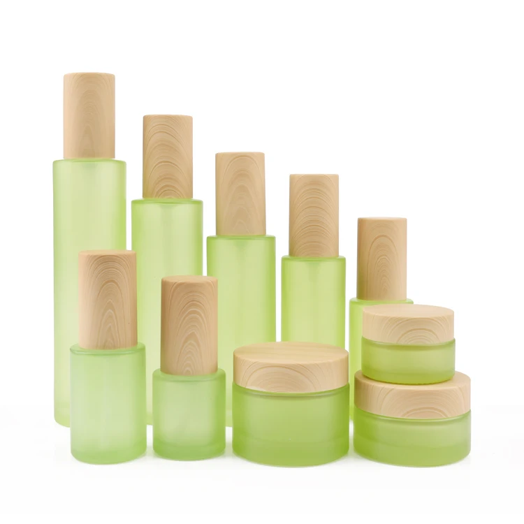 High end frosted matte green cosmetic glass bottle and jar pump bottle for lotion serum cream full set 60 80 100 120 ml