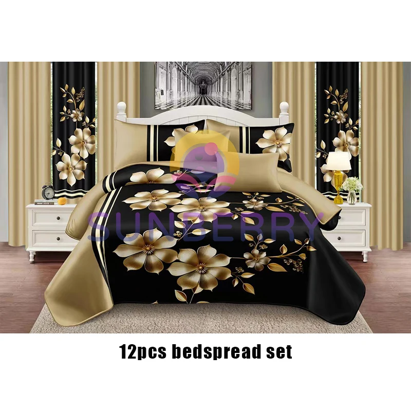 Factory Wholesale Home Bedding Sets with Matching Curtains Cotton Filling Bedspread Set Bed Sheet 12 Pieces Curtain Bedding Set