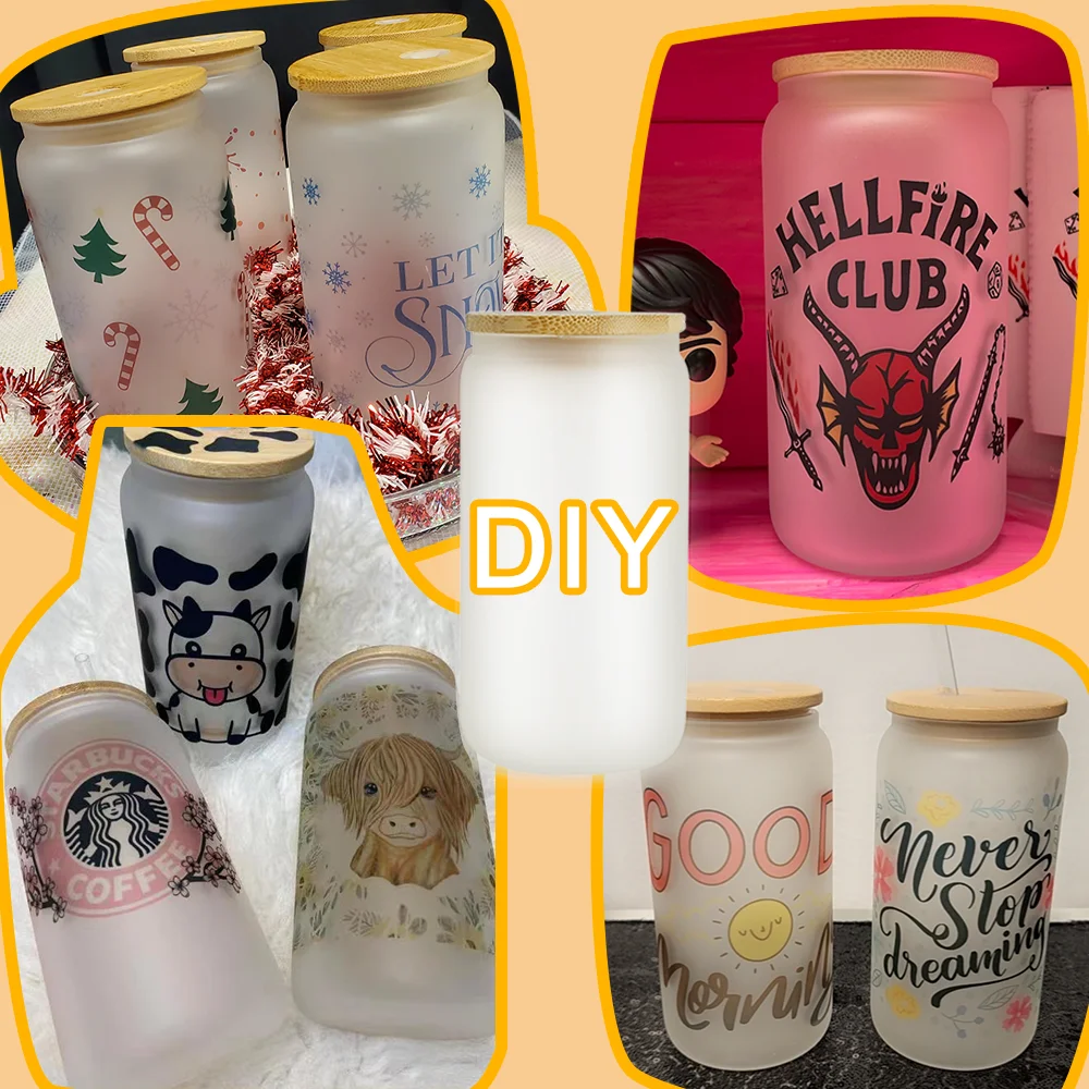 Factory wholesale 16 oz 16oz Clear Frosted Sublimation Blanks Glass Can Shaped Beer Glass tumbler with bamboo lid and straw