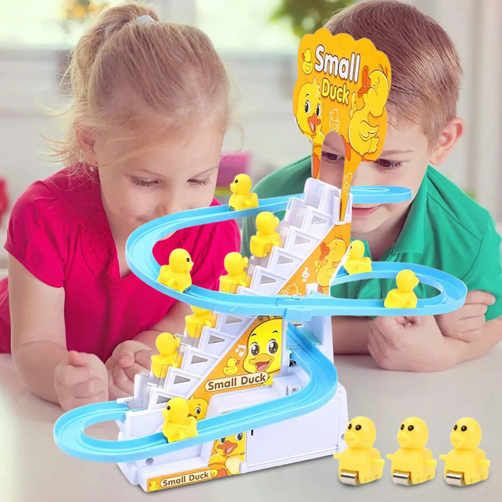 juguetes pistas automatico yellow duck racing suit climbing stairs toy with flashing light music track stairs climbing duck toy