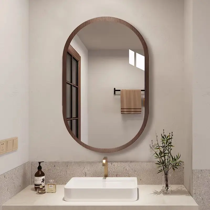 Wholesale Retro Style Wood-Like Makeup Mirror Entryway Hallway Living Room Wall Mounted China Bathroom Decorative Mirror