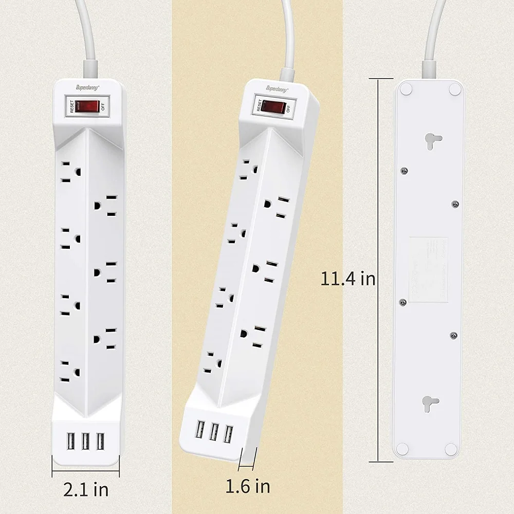 Us Fire-Retardant multi Protection Wide Spaced Outlets 45 Right Angled Flat Plug Mountable Extension Cord Power Strip