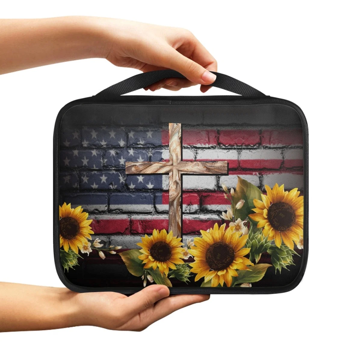 OEM ODM Custom Crosses and sunflowers in American religion Vintage Casual Cross Print Bible Protect Book Bag Polyester Fabric