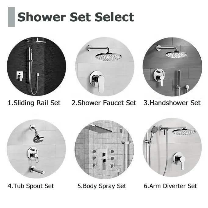 Chrome Shower Set Wall Mounted Round Buttons Switch Stainless Steel Bathroom Rain Rainfall Shower Mixer Faucet Set