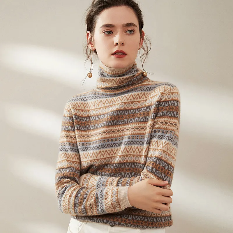 
OEM ODM Winter Women Knit Turtleneck 35% Cashmere 65% Merino Wool Ugly Christmas Sweaters 