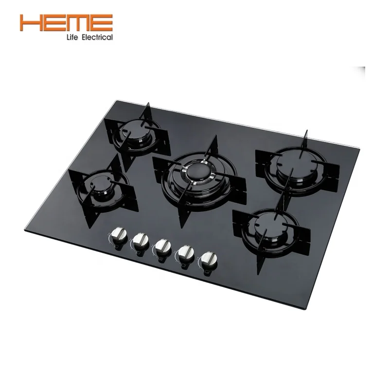 Home Kitchen Tempered Glass Top Stove 5 Burner Auto Ignition Built in Gas Cooktop