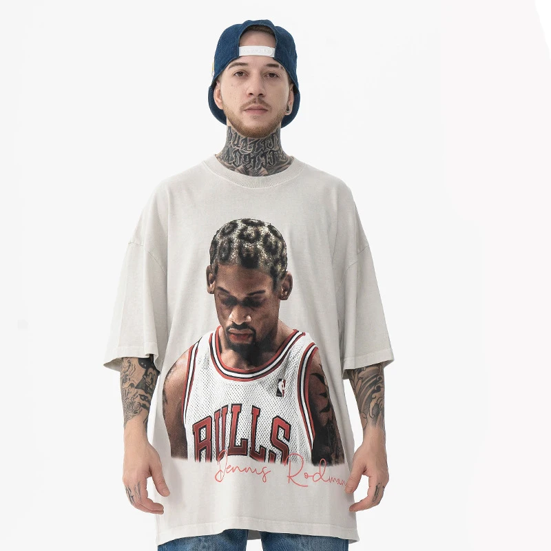 European and American vintage washed and distressed big bug Rodman printed short sleeve t-shirt