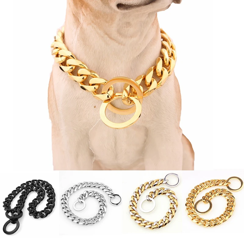 15mm Stainless Steel Dog Collar Custom Collares de Acero Inoxidable Gold Dog Choke Collar Miami Cuban Link Dog Chain
