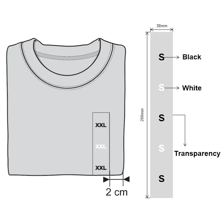 Woven Made Clothing Size Labels Custom Biodegradable Clear Cotton S M L Xl XXL XXXL Shenzhen Custom Stickers Transparent Matte