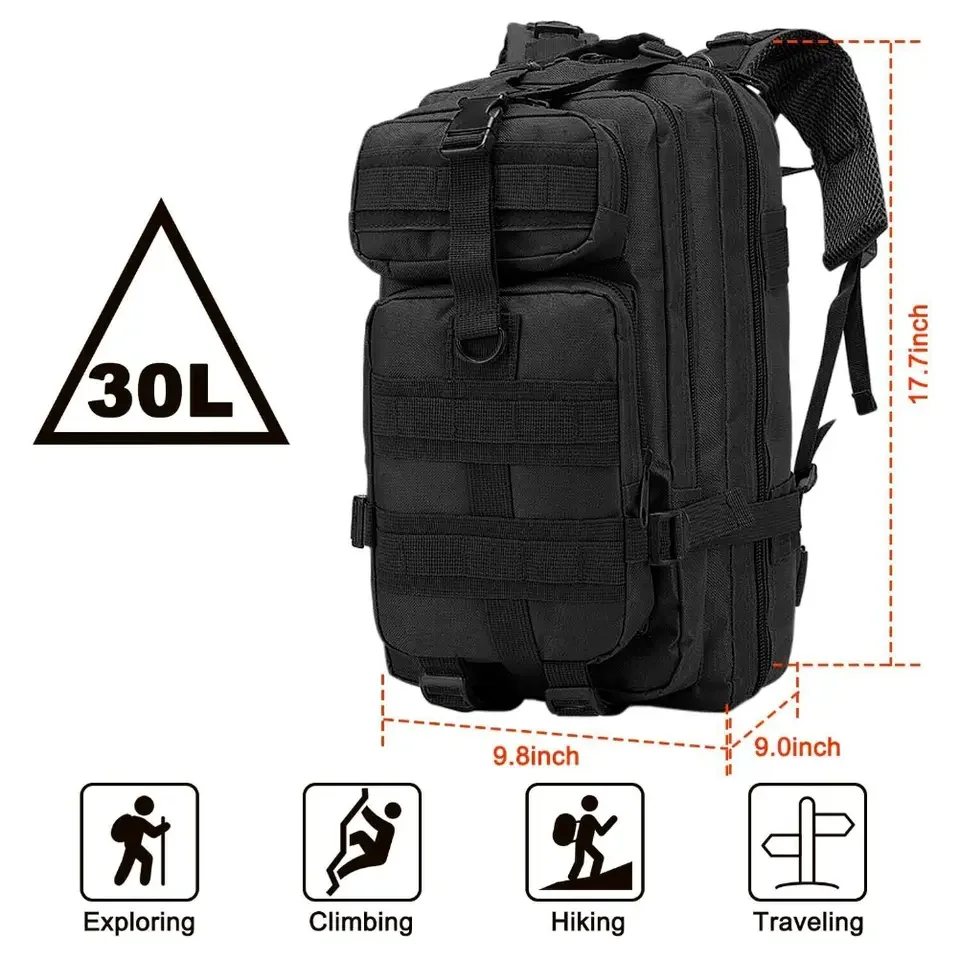 Unisex 30L Tactical Backpack Shoulder Strap Large Capacity Oxford Lining Zipper Closure Camping Hiking Outdoor Sports Travel