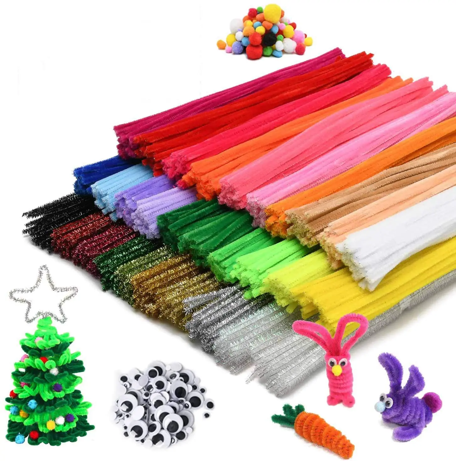 Pom Poms for DIY Arts Creative Crafting Decorations Fuzzy Colored Sticks Set Crafts Supplies for Adults and Kids