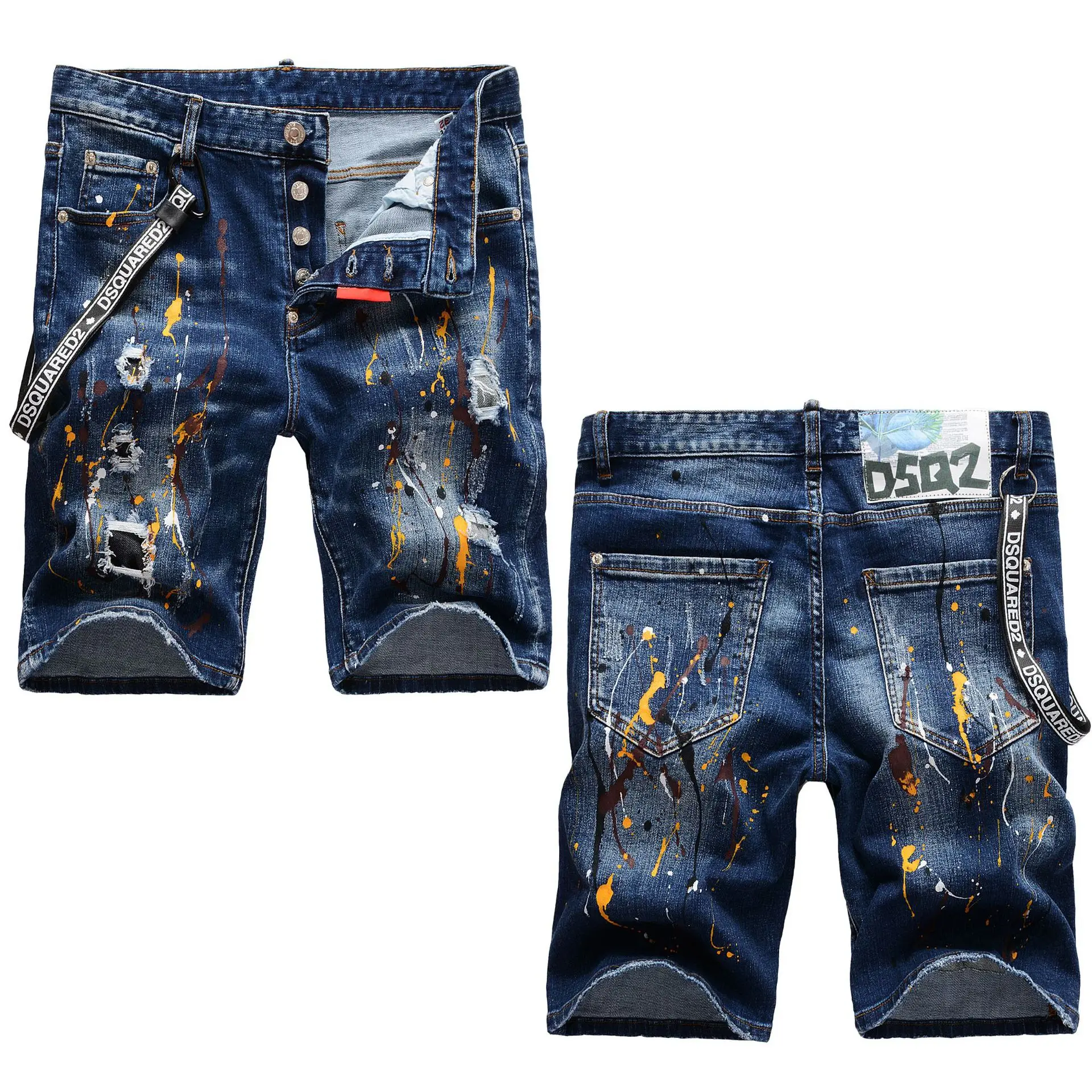 European and American Italian Fashion Brand Ds2 Hand Painted Paint Hole Patch Stretch Five Points Pencil Pants Slim Jeans Men