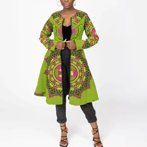 Платье-жакет с Африканским принтом, платье из 100% хлопка с круглым вырезом и длинными рукавами, ТРАПЕЦИЕВИДНОЕ ПЛАТЬЕ-жакет