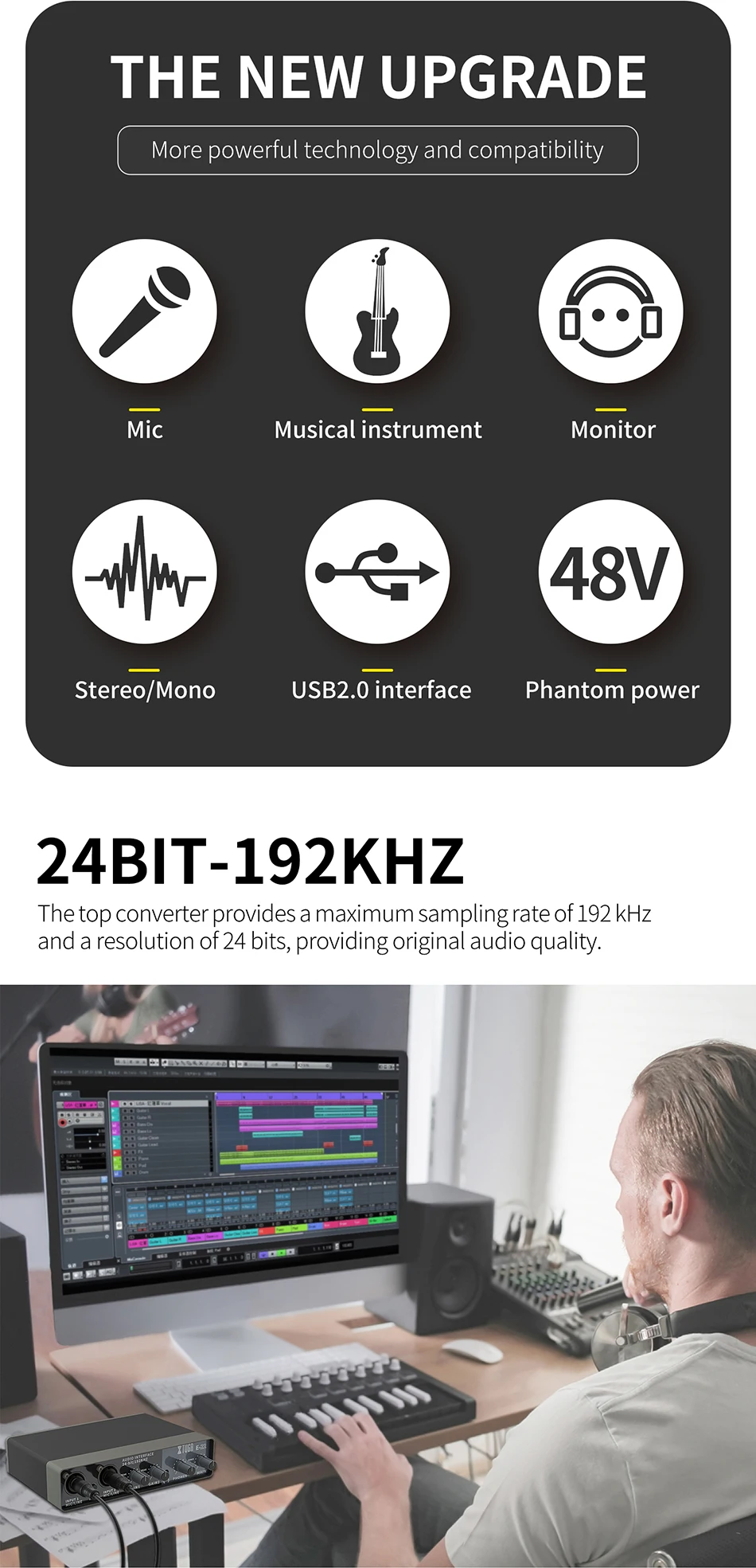 Usb Audio Interface Music External Condenser Microphone Recording Sound Card For Pc Recorder Computer Studio Live