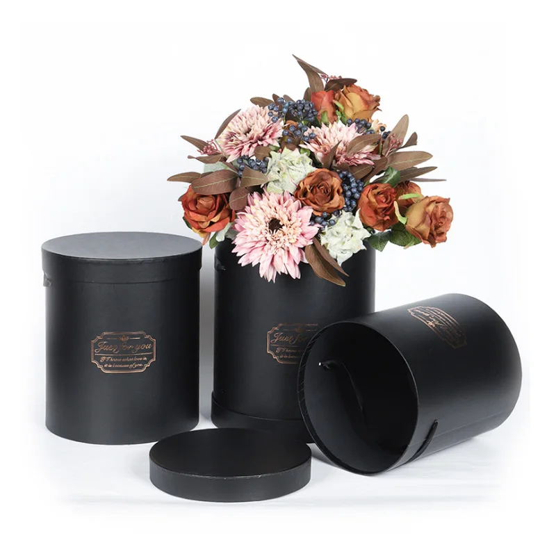 INUNION Premium Quality Round Florist Gift Packaging Cardboard Flower Box Set of 3 Black Cylinder Luxury Flower Boxes with Lids
