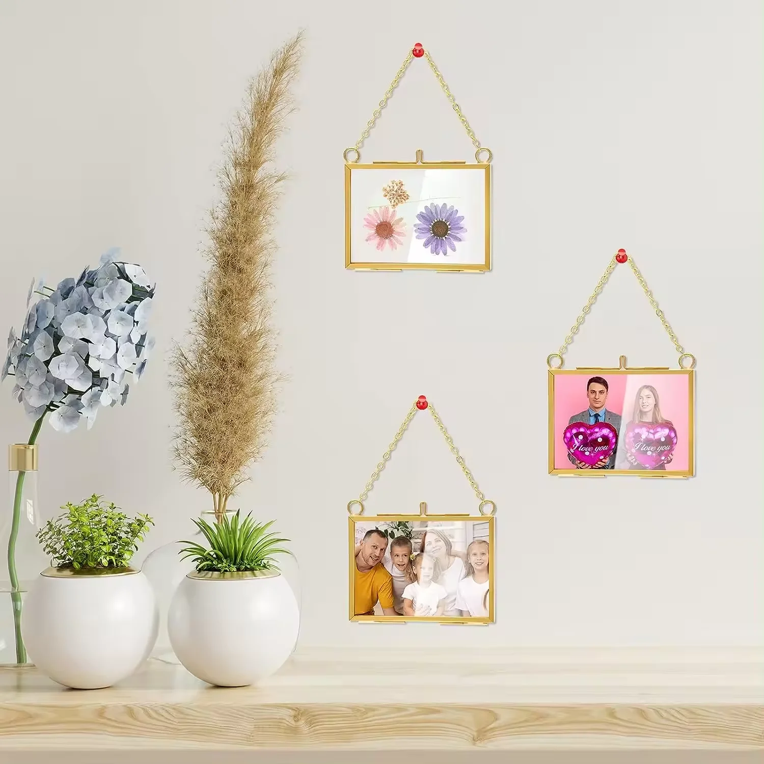 Glass crafts Pressed Flowers 3.5 x 2.5 Inch, Double Floating Picture Frames Brass Hanging Photo Frame with Chain Wall Decor