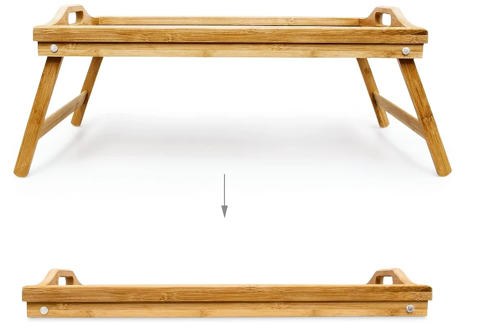 Foldable Tray Table Breakfast Tray Bamboo Bed table with leg Wooden Expendable Food Tray for Hotel and House Using