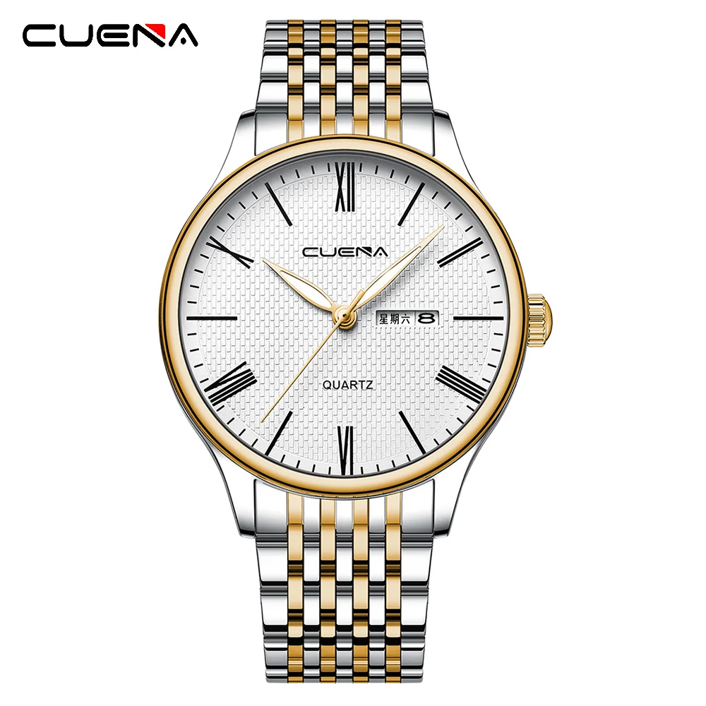 CUENA original manufacture OEM ODM  stainless steel date week quartz  Men wrist watch reloj water resiste